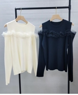 KE1747  -OS0027 拼紗紗露膊針織top 胸40-62，長24