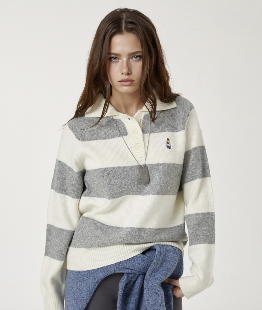 【現貨】【WHOAU】Bokashi Stripe Collar Pullover