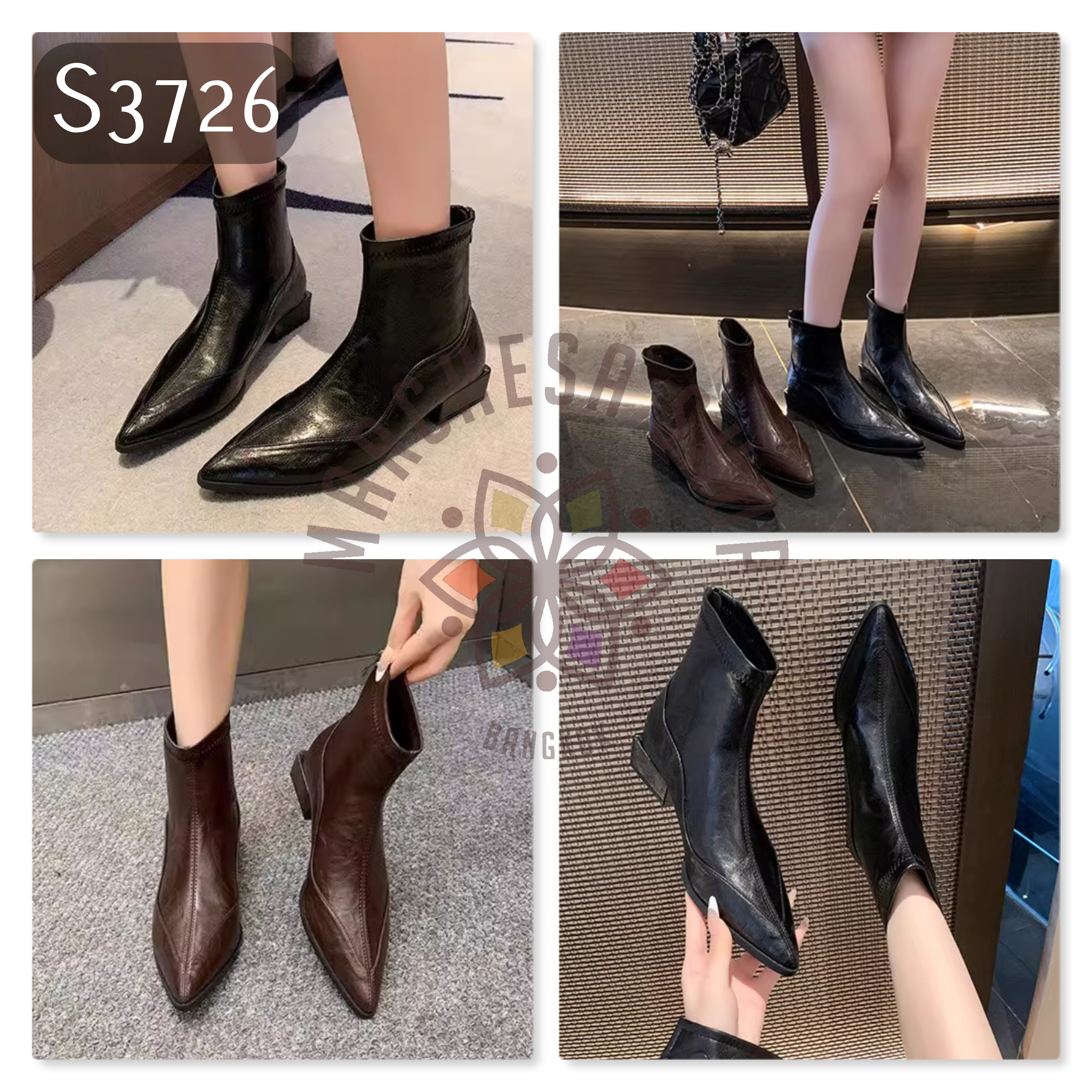 S3726 - 頭層羊皮車綫尖頭低踭短靴