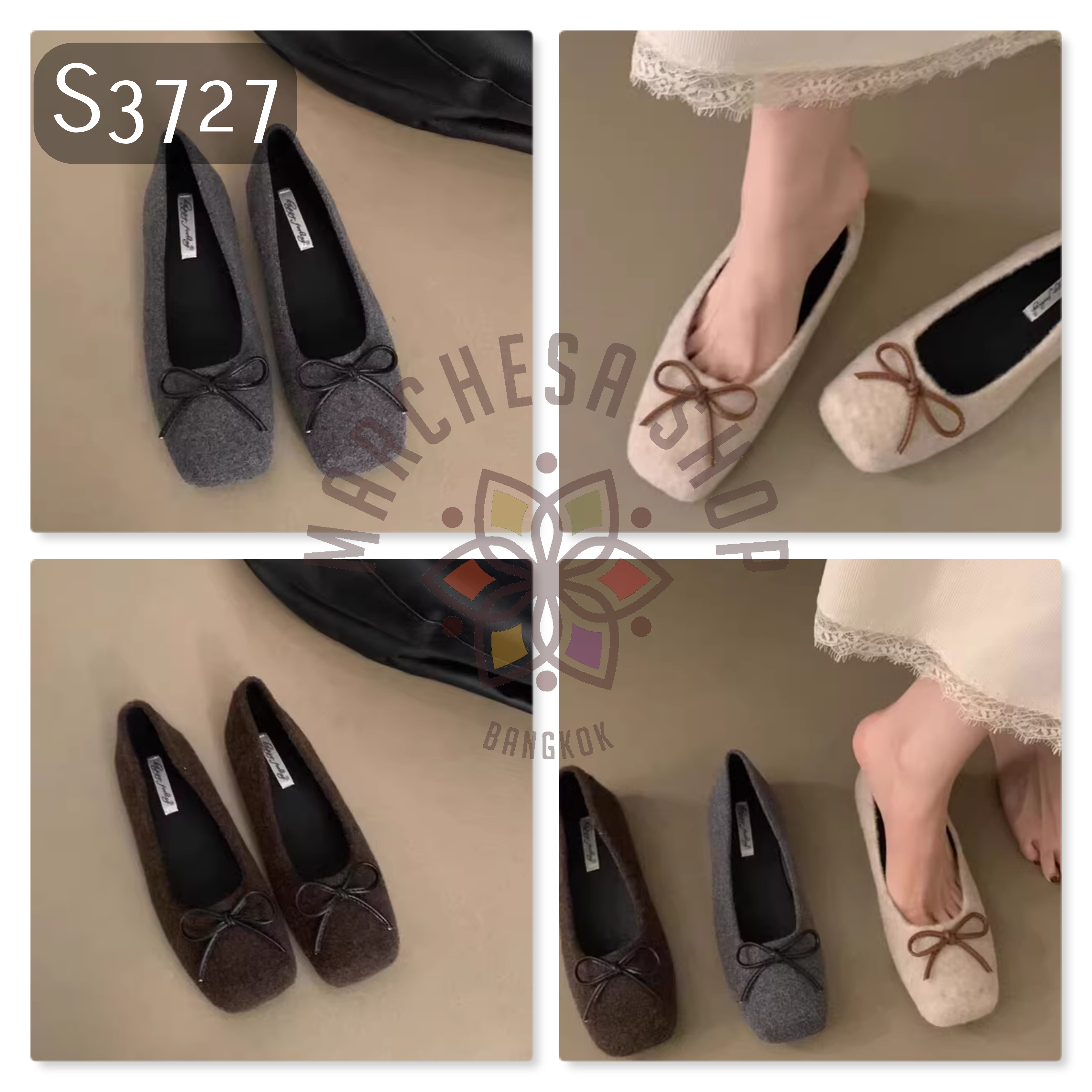 S3727 - 牛皮毛絨蝴蝶結方頭平底鞋