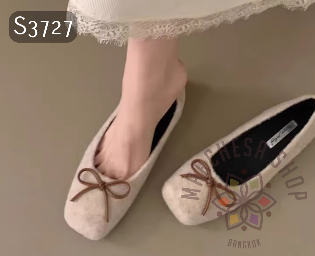S3727 - 牛皮毛絨蝴蝶結方頭平底鞋