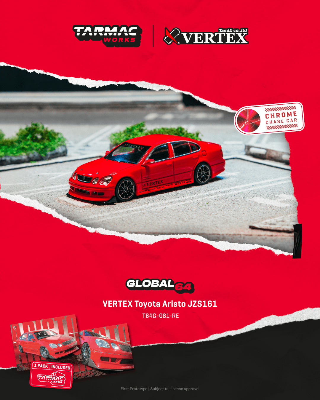 PO-$113 * TARMAC * 1:64 VERTEX Toyota Aristo JZS161 Red Model Car + Trading Cards Combo Set