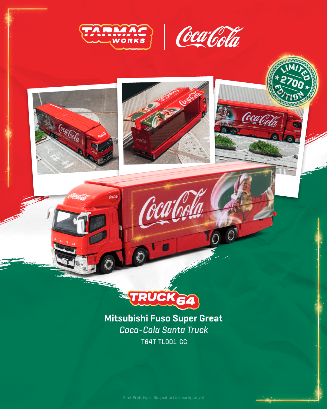 PO-$488 * TARMAC * 1:64 Mitsubishi Fuso Super Great Coca-Cola Santa Truck