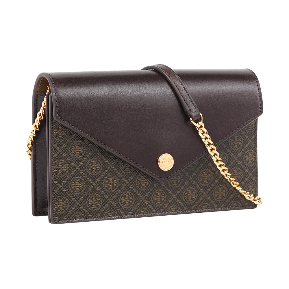 【Tory Burch】T Monogram 標誌帆布信封式斜背包/WOC(深棕色)