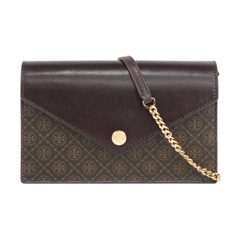 【Tory Burch】T Monogram 標誌帆布信封式斜背包/WOC(深棕色)