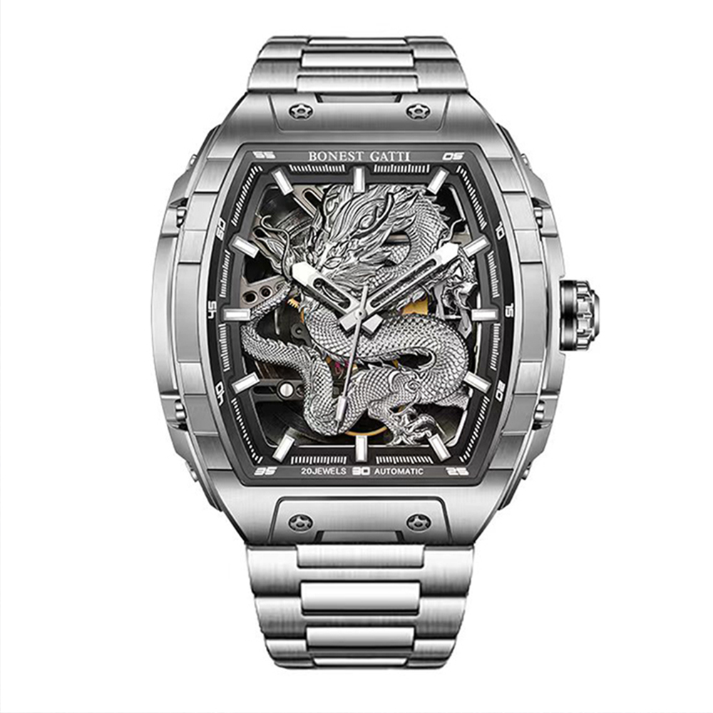 【Bonest Gatti 布加迪】BG5606-S1 酒桶型 龍 立體鏤空錶盤 夜光指針刻度錶盤 不鏽鋼 機械 手錶 -*