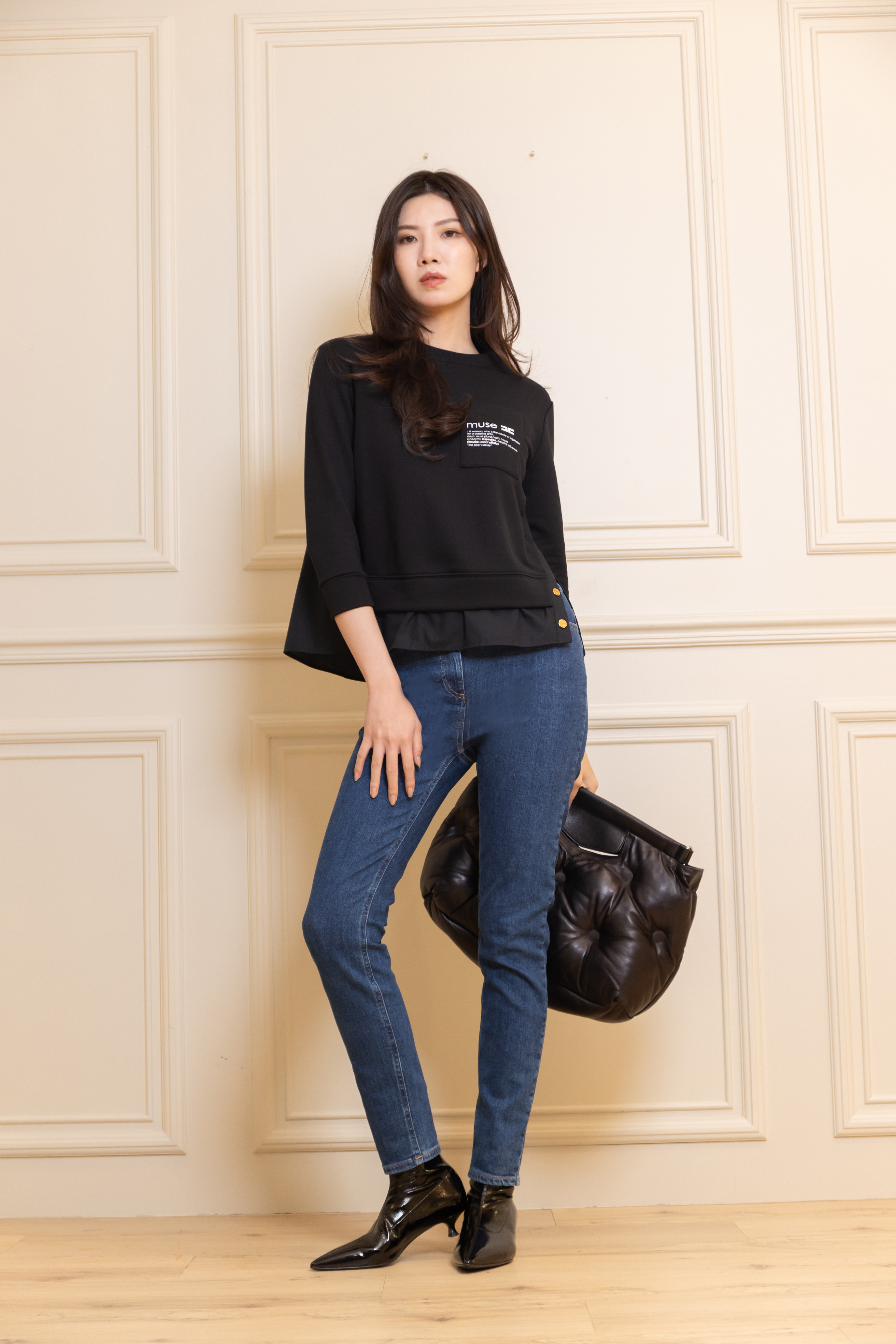 Elisabetta Franchi  假二件七分袖棉T(黑)
