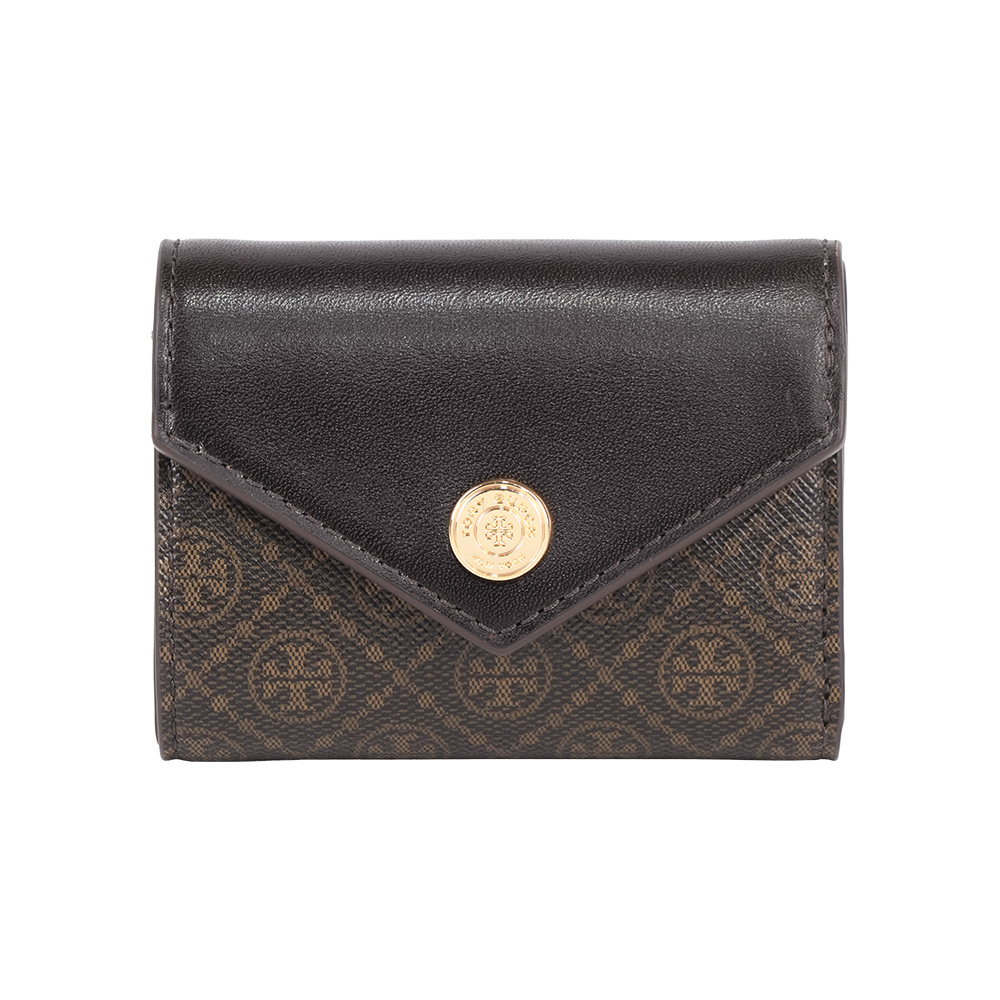 【Tory Burch】T Monogram 信封式三折釦式短夾(深棕色)