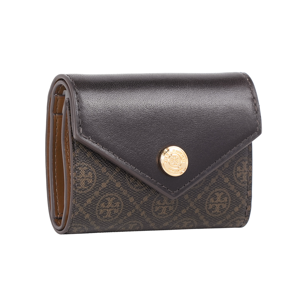 【Tory Burch】T Monogram 信封式三折釦式短夾(深棕色)