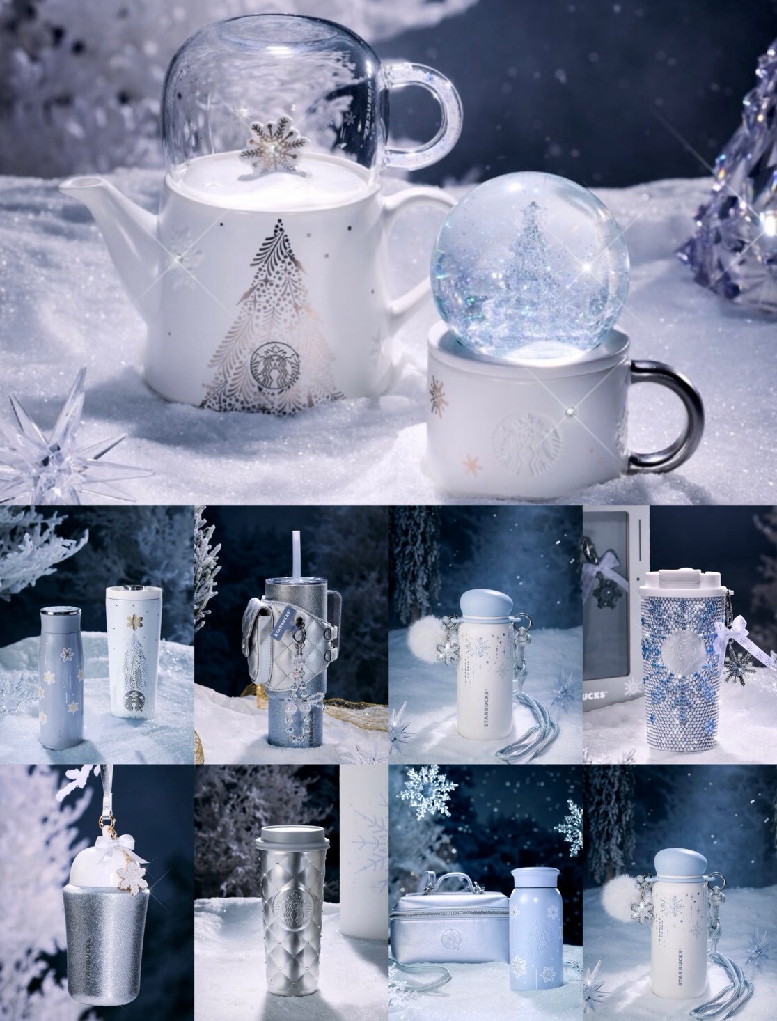 【Luxury】國外限定 星巴克 starbucks 雪耀奇境系列登场 雪花元素 x 银蓝白配色 高级感滿分 保溫杯 水壺 水杯 冰壩杯 咖啡杯 聖誕限定