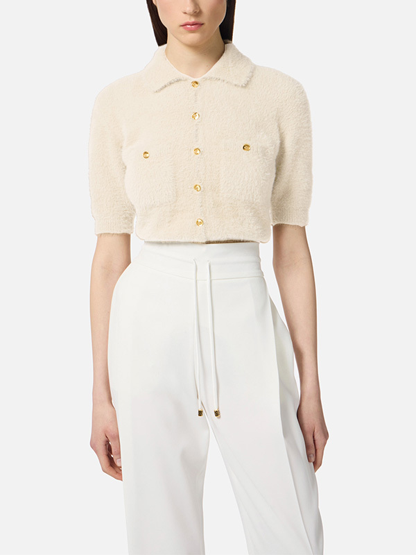 Elisabetta Franchi 金色鈕釦短版針織上衣(奶油白)