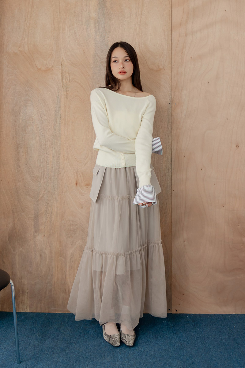 一字領手袖拼接針織上衣