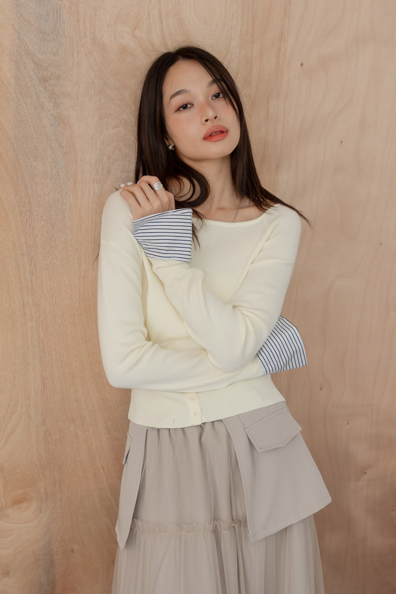 一字領手袖拼接針織上衣