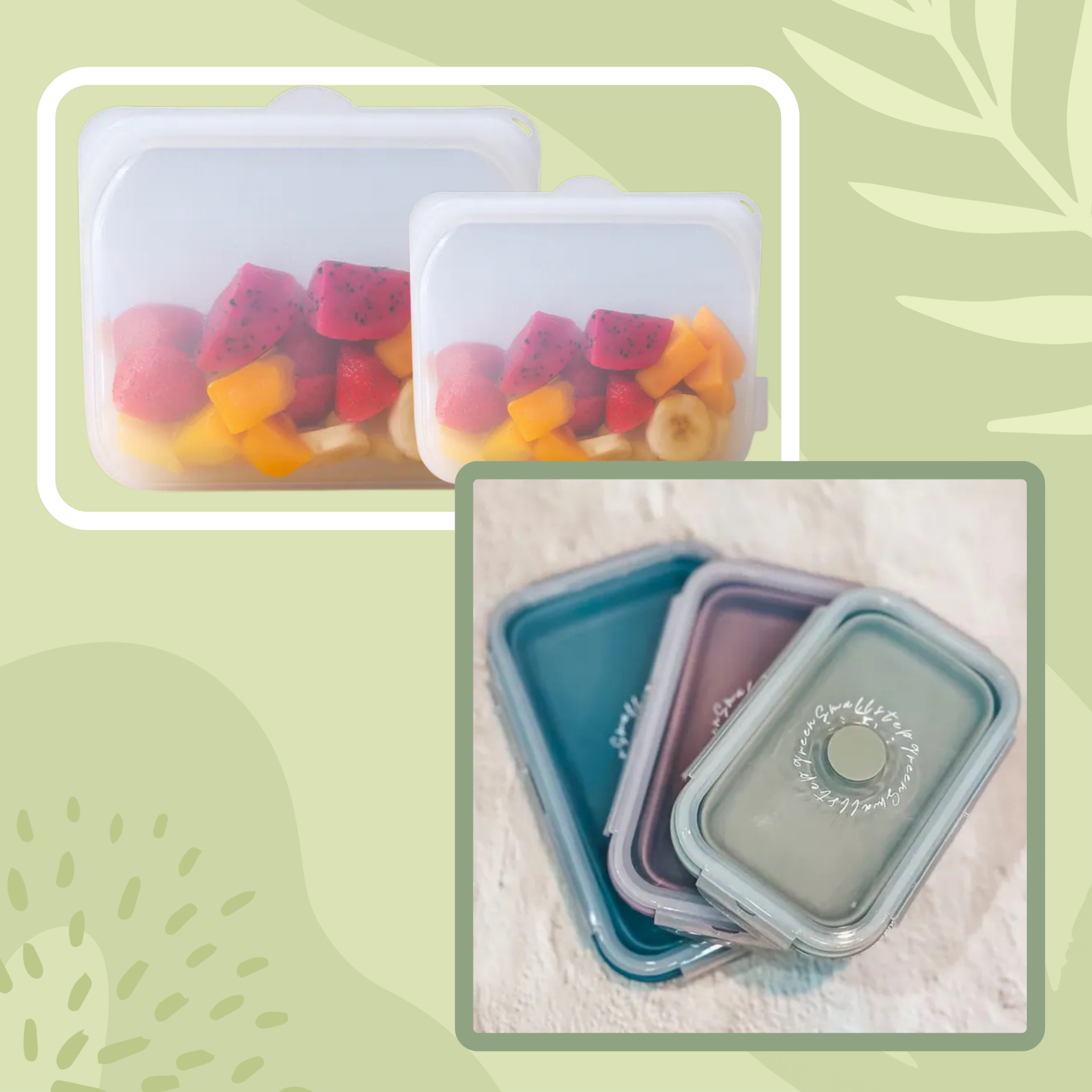 【綠印生活】保鮮分食完美組合｜綜合尺寸折疊矽膠餐盒＋矽膠保鮮袋