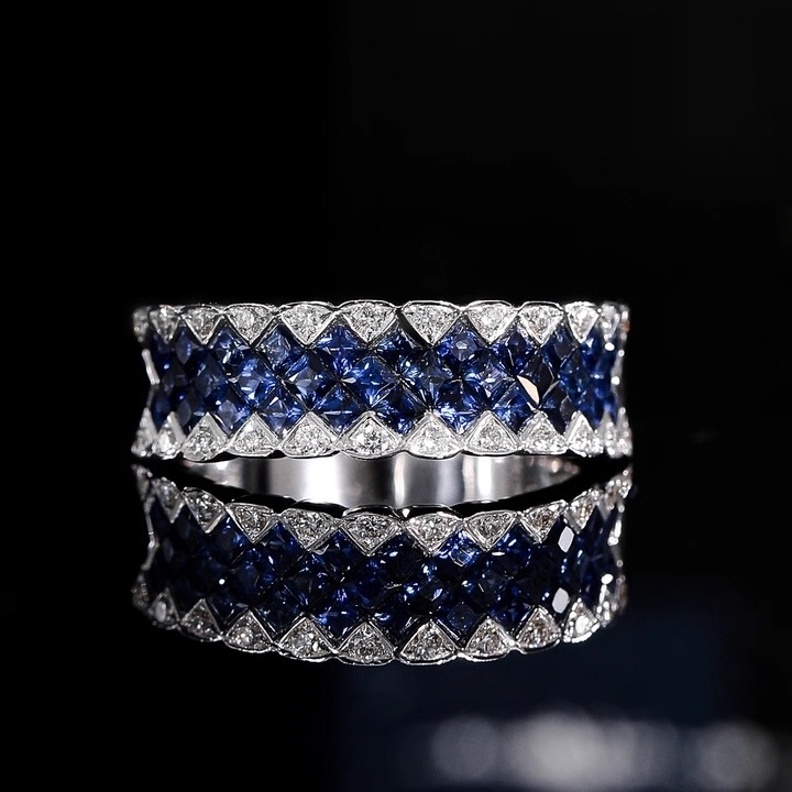 18K金紅/藍寶石鑽石排戒 -  公主方無縫鑲嵌