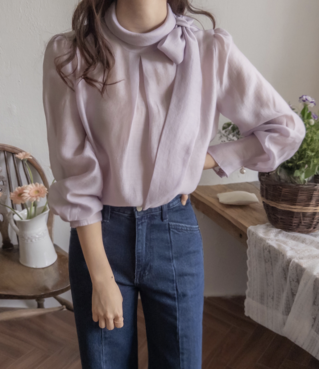 [現貨] Eloni 緞面領巾襯衫 [ 粉色 / Free ]