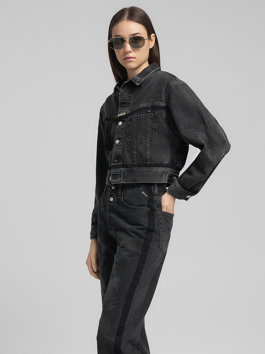 黑色寬鬆短版丹寧夾克