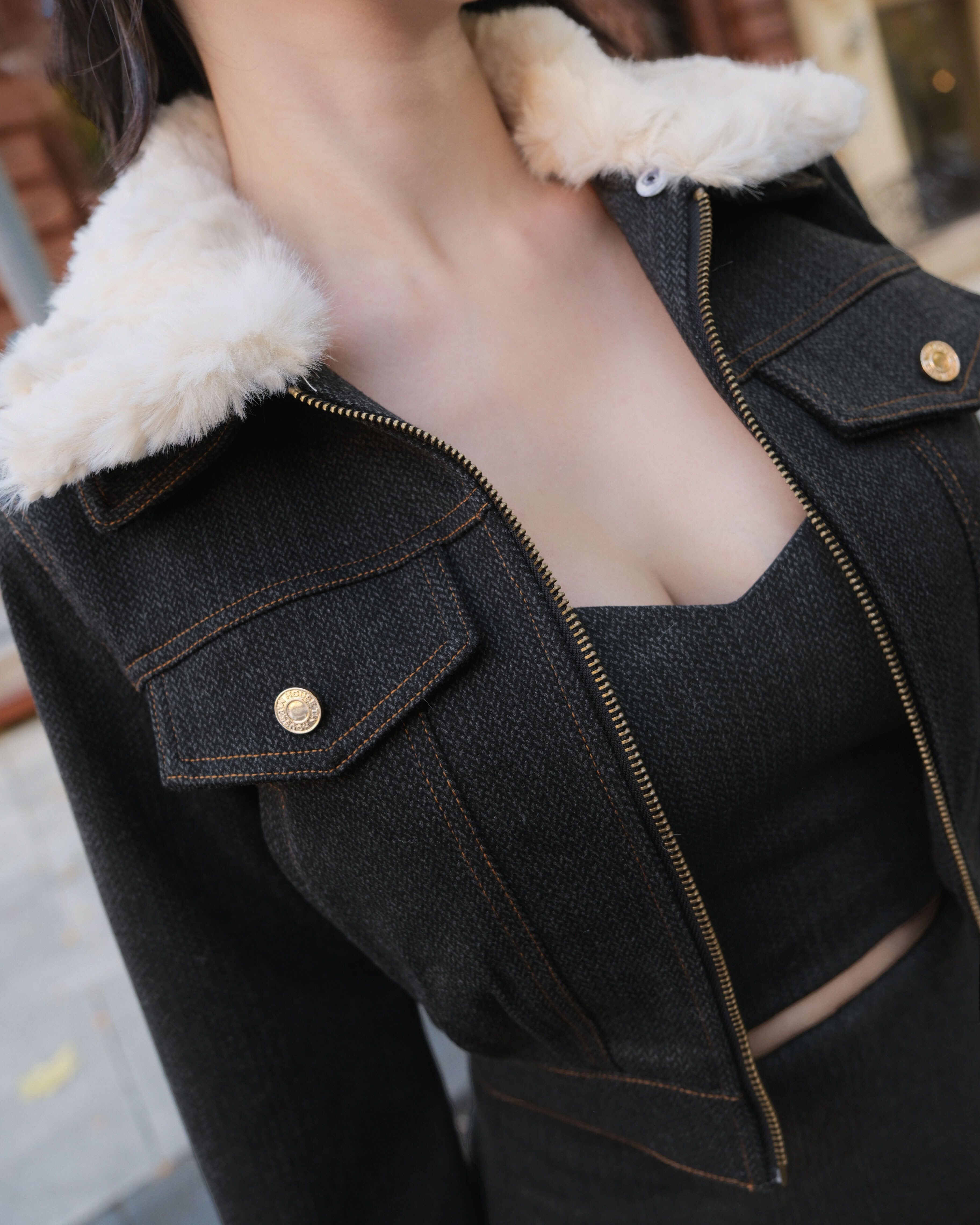 訂製-休閒織紋牛仔毛領短外套