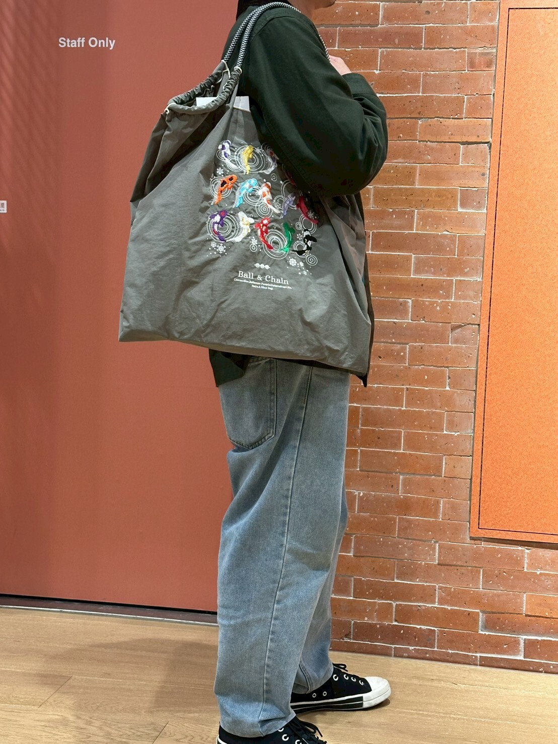 Ball＆Chain 刺繡環保購物袋 L號 - 灰 (30112085)