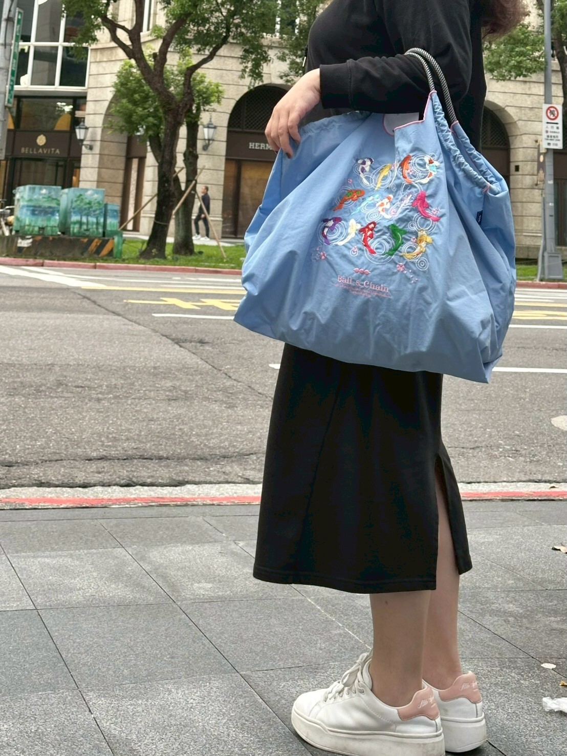 Ball＆Chain 刺繡環保購物袋 L號 - 天藍 (30112074)