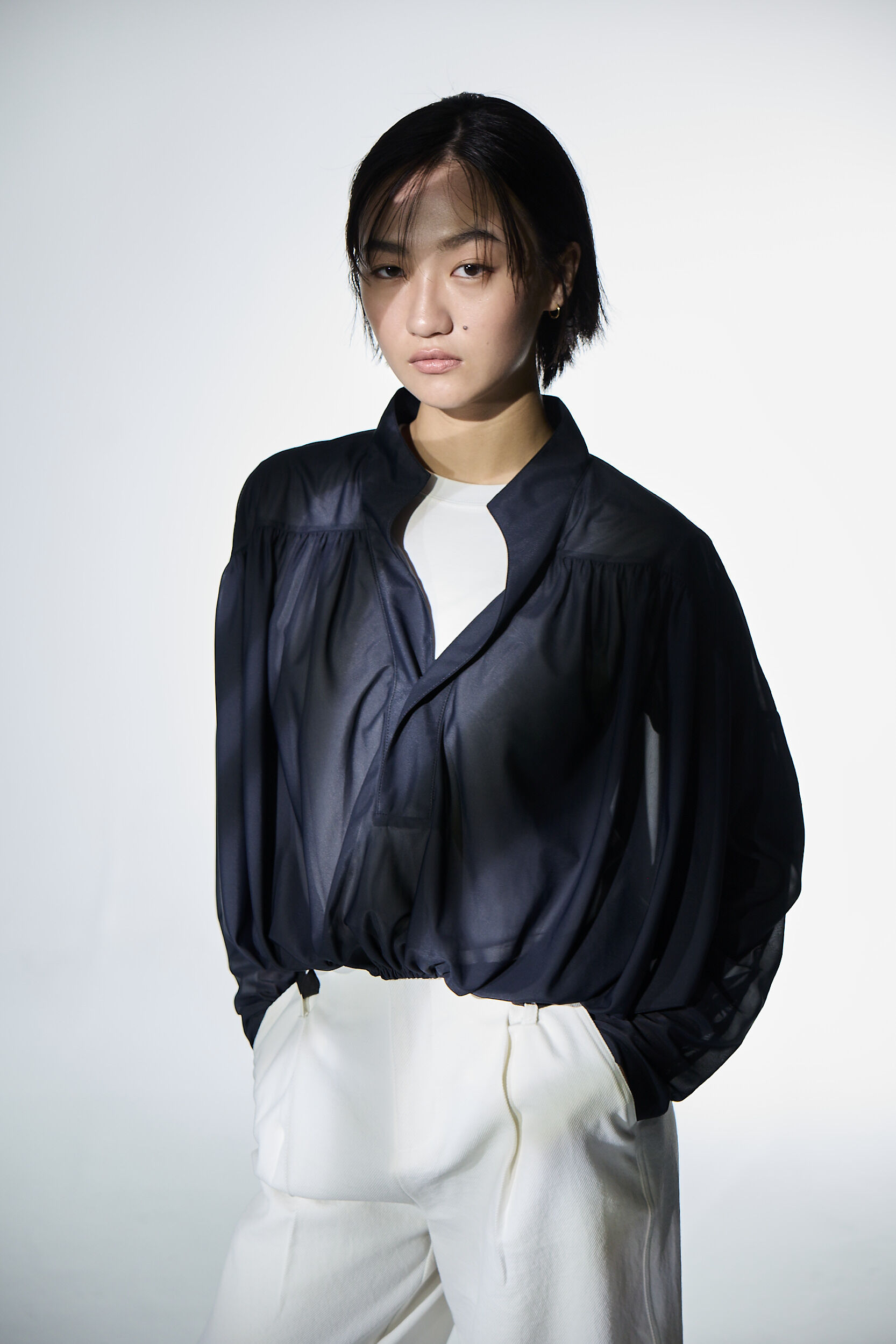 皺皺連袖短上衣