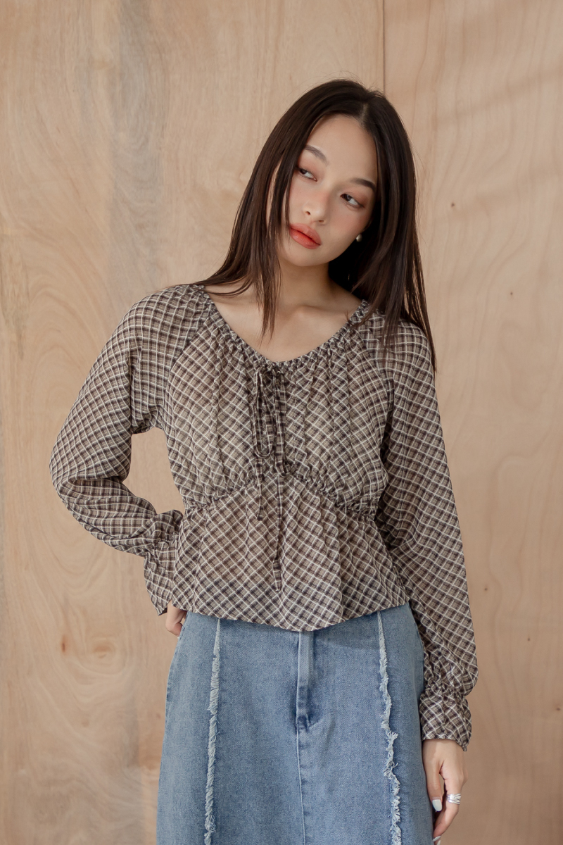 復古格紋縮腰上衣