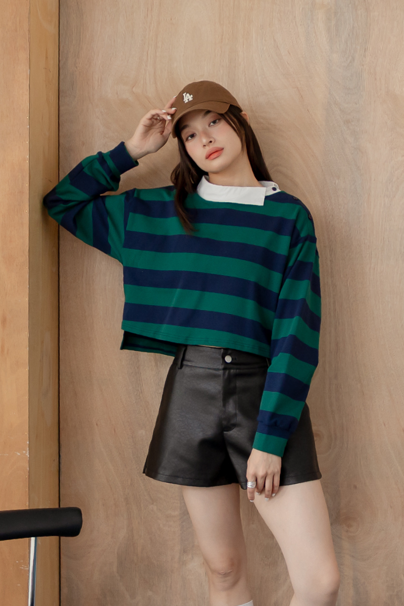 側釦撞色條紋上衣