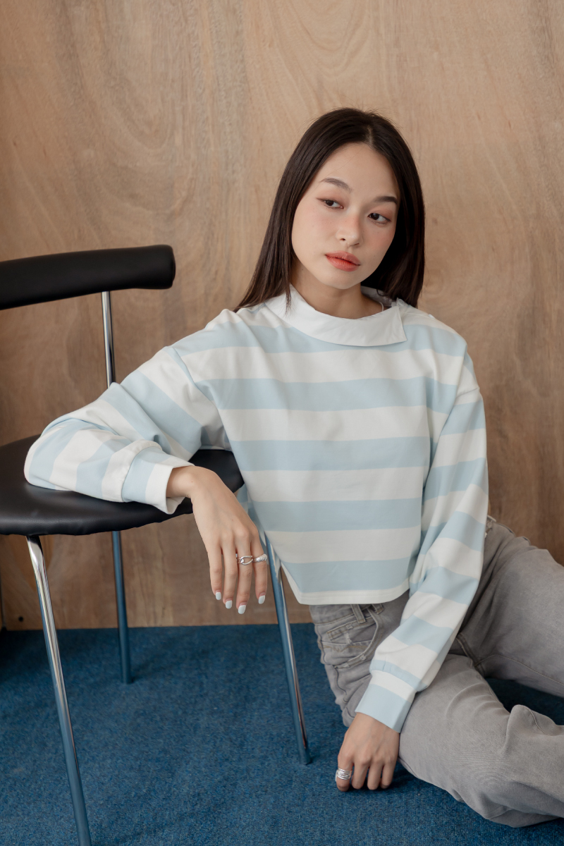 側釦撞色條紋上衣