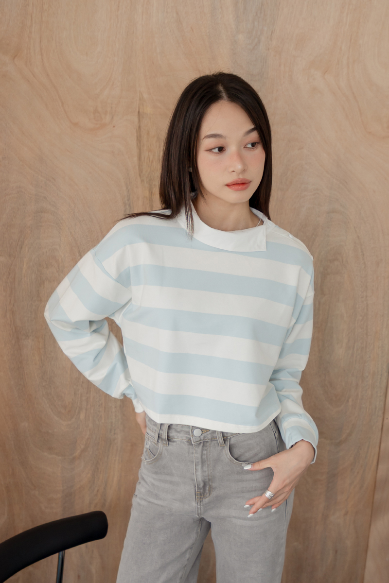 側釦撞色條紋上衣