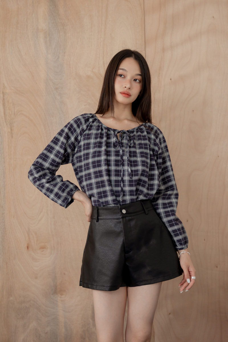寬鬆格紋綁帶領上衣
