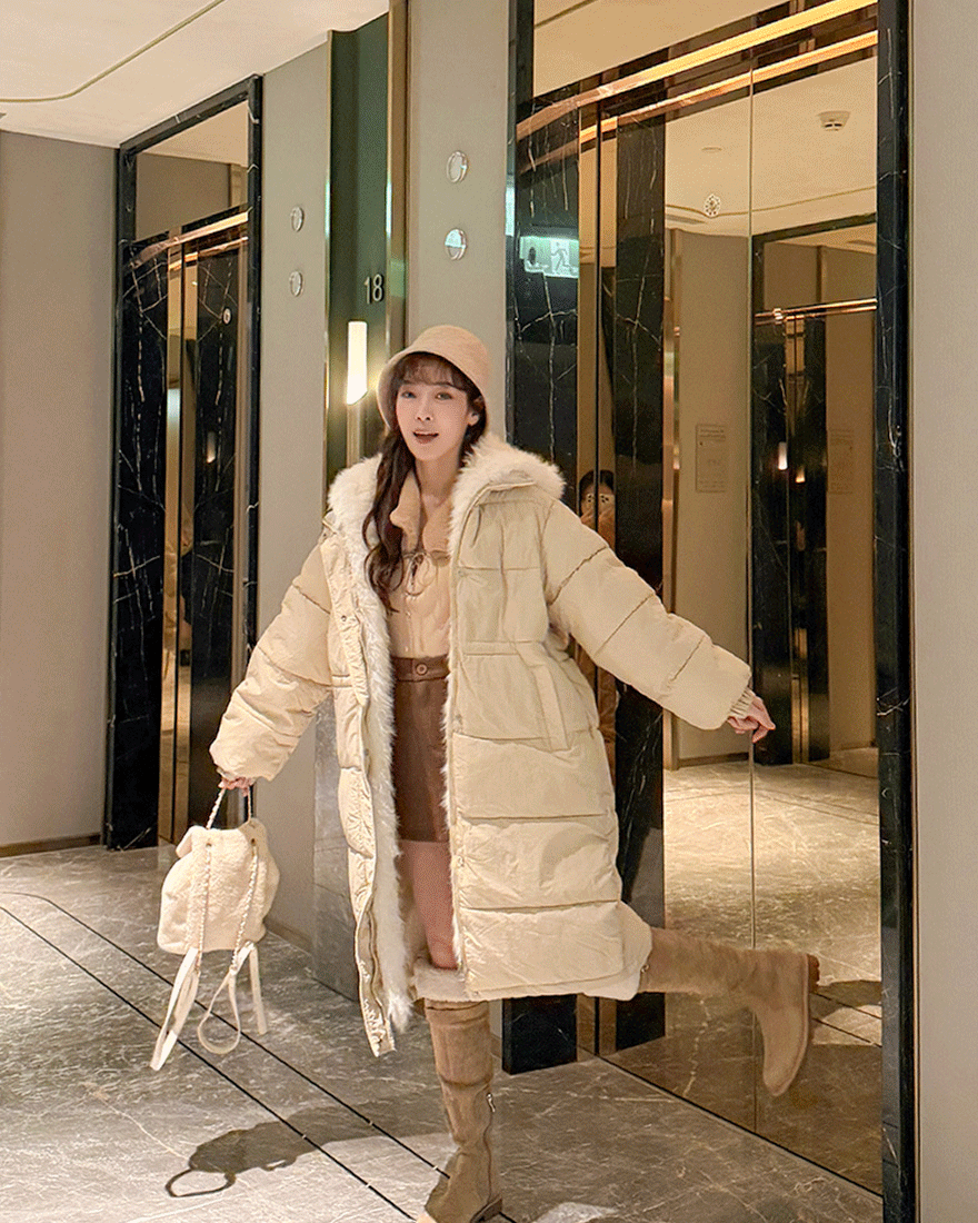 LINA LINA北歐漫步絨毛連帽羽絨棉長版外套-奶茶卡