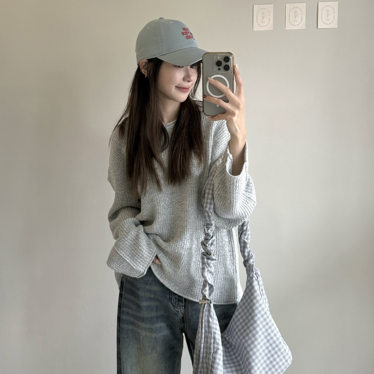 灰色系捲邊混針織上衣