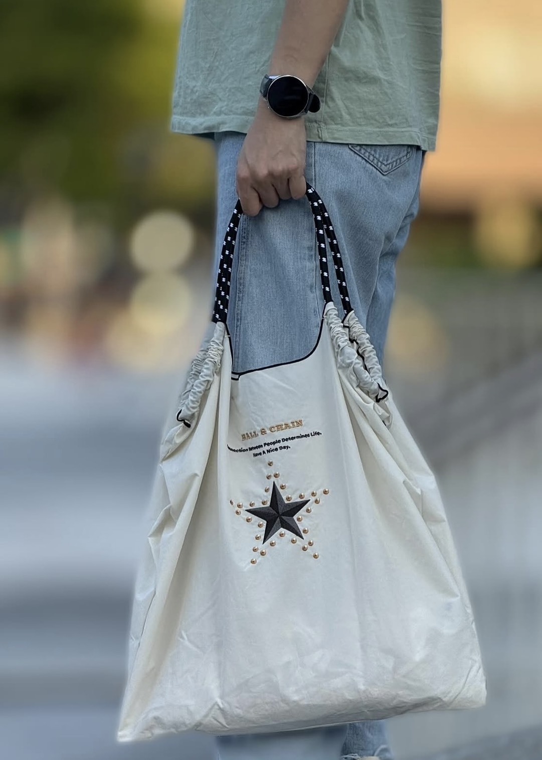 Ball＆Chain 刺繡環保購物袋 L號 - 白 (30116122)