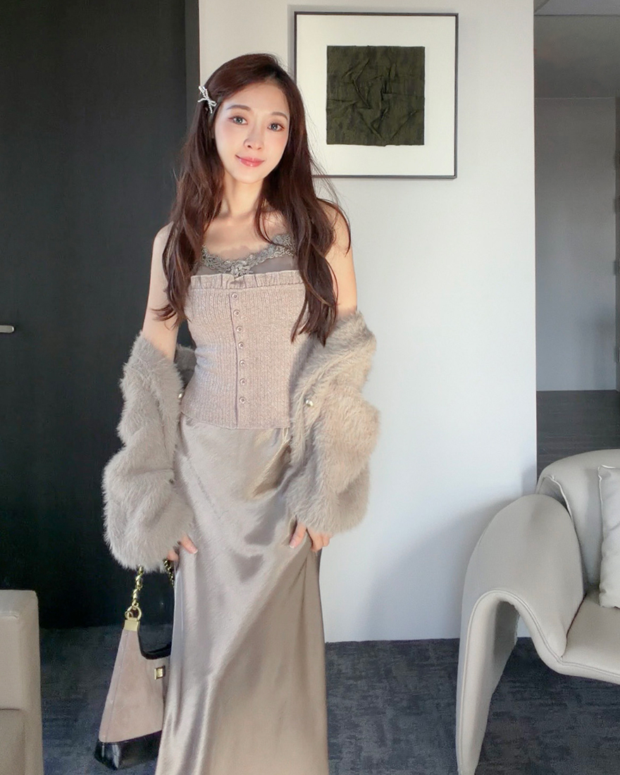 LINA LINA溫柔唯美絨毛外套蕾絲BRA TOP兩件組-摩卡棕