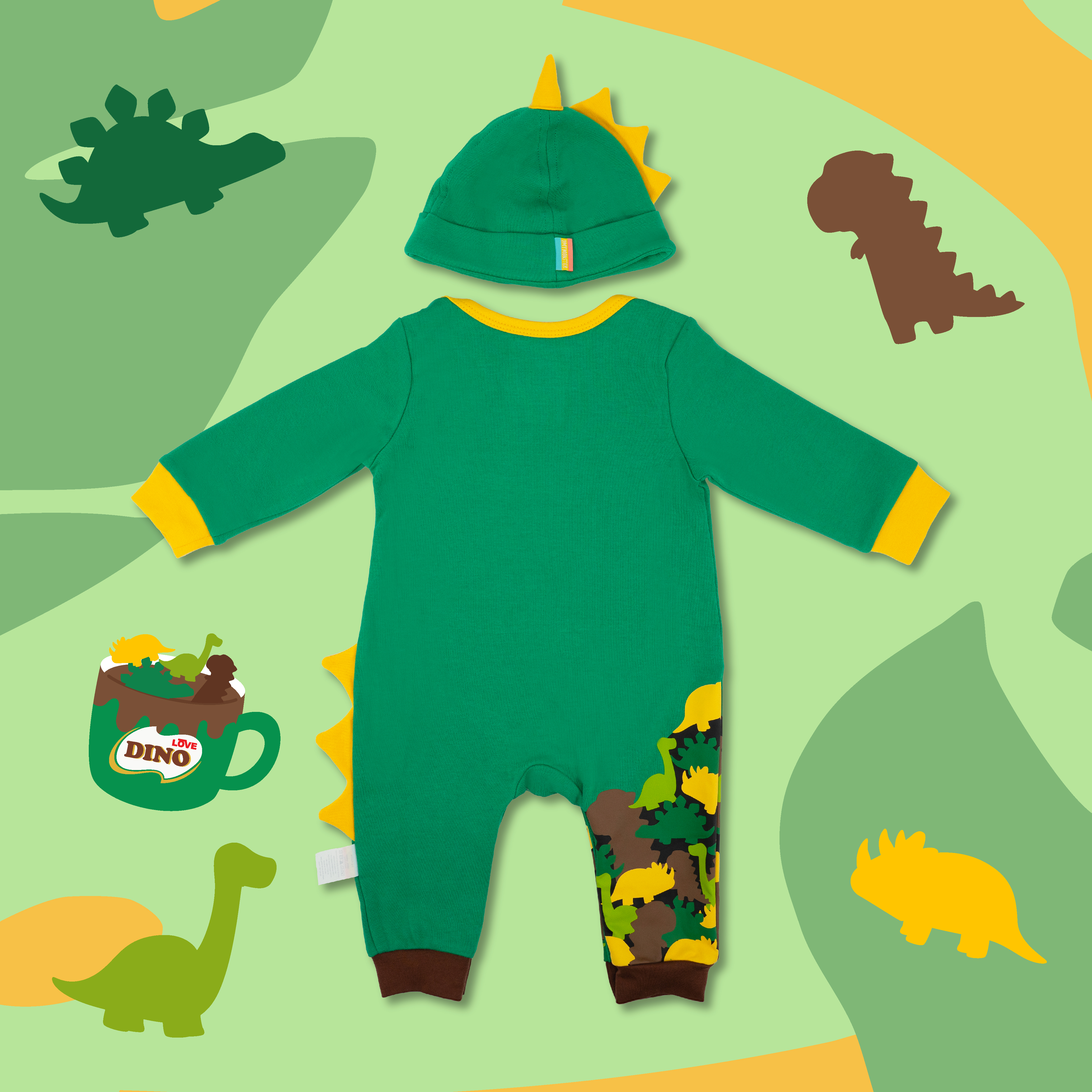 美綠恐龍狂迷長袖連身衣連帽