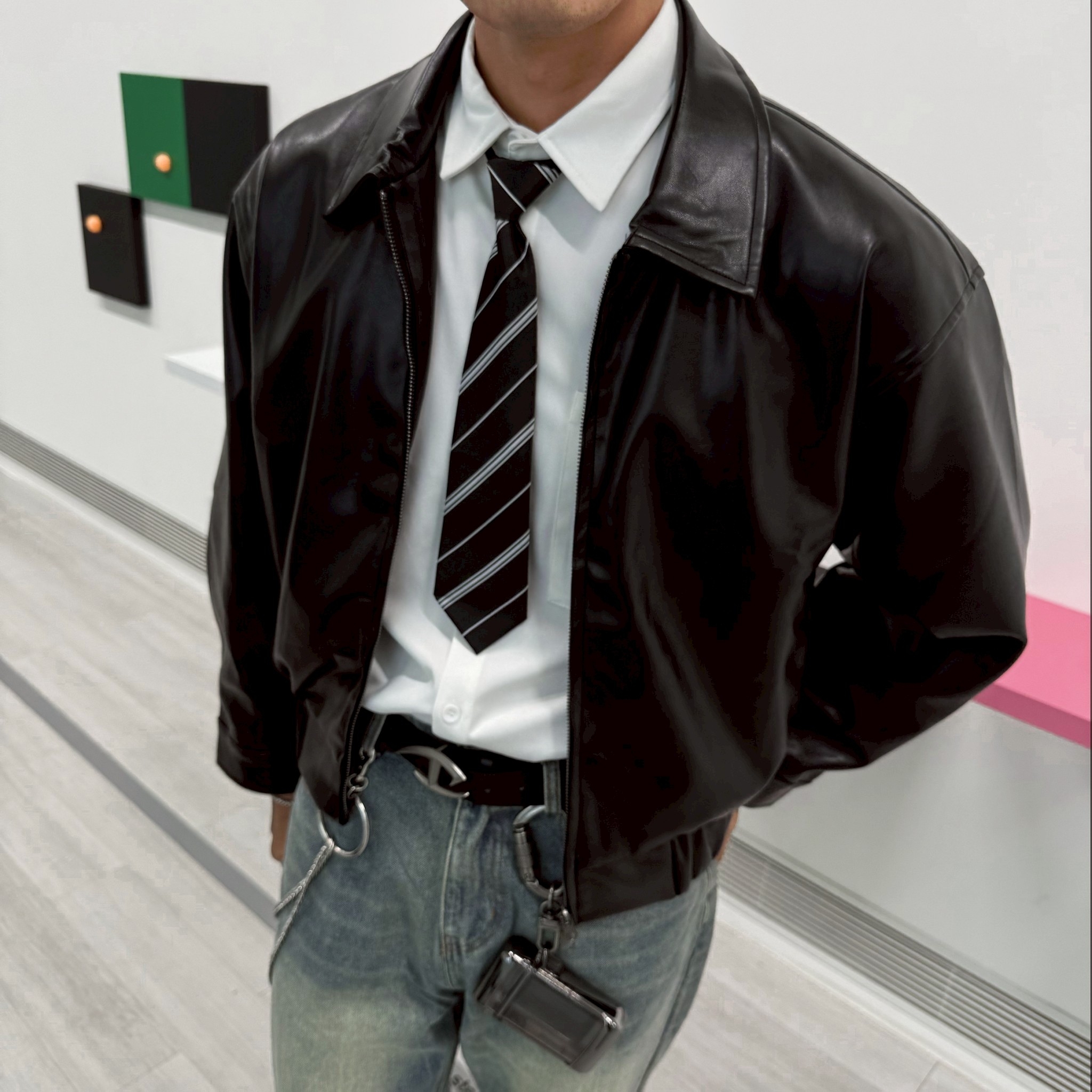 街頭短版BOXY皮革夾克外套 68853