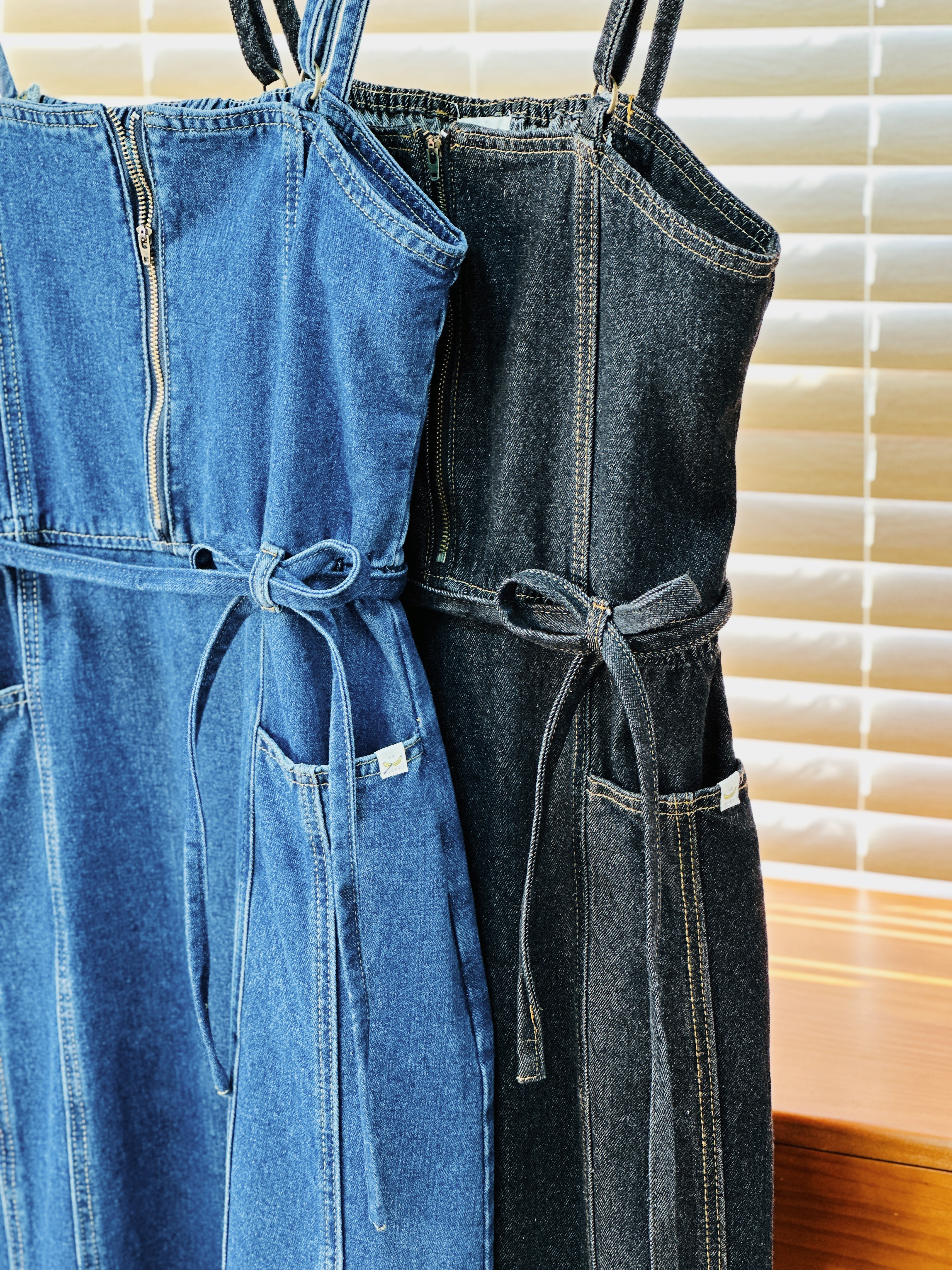 兩色 / 拉鏈流蘇牛仔連身裙 / Front Zip Frayed Hem Denim Cami Dress