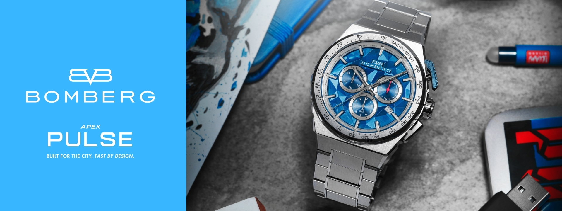 Bomberg, 炸彈錶,APEX 系列, APEX Pulse CB, 脈衝藍計時碼錶,賽車計時碼錶,NT42CHSS.02-3.12,一體式不鏽鋼鍊帶,Pulse-Cut Dial,立體切割面盤