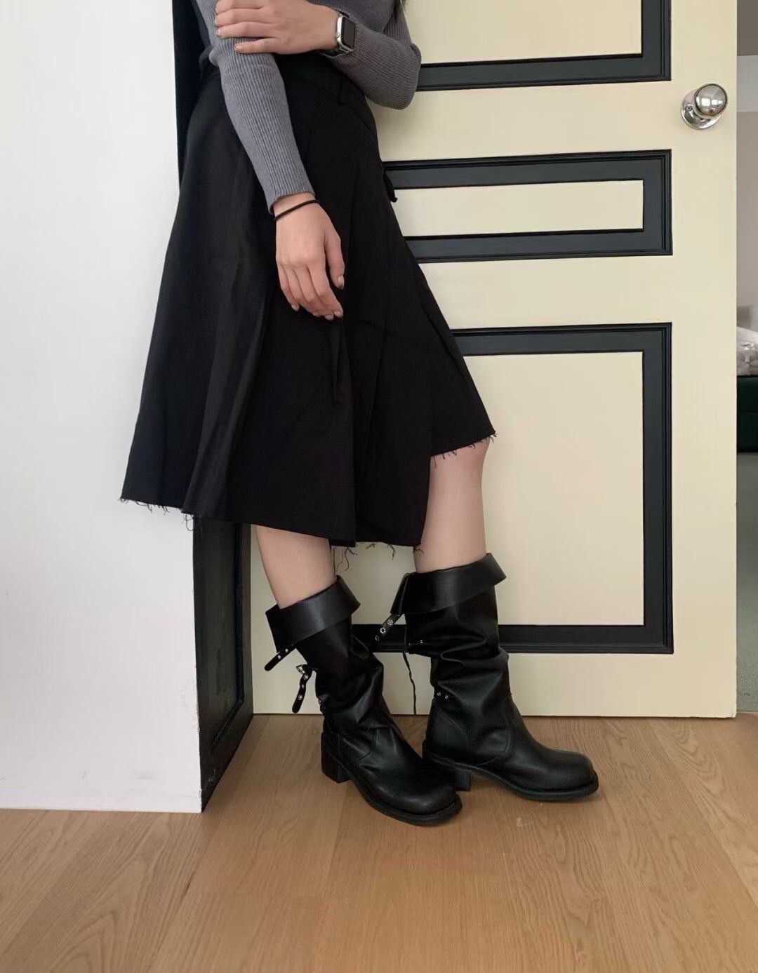 經典黑兩穿式堆堆襪造型膝下高跟長靴