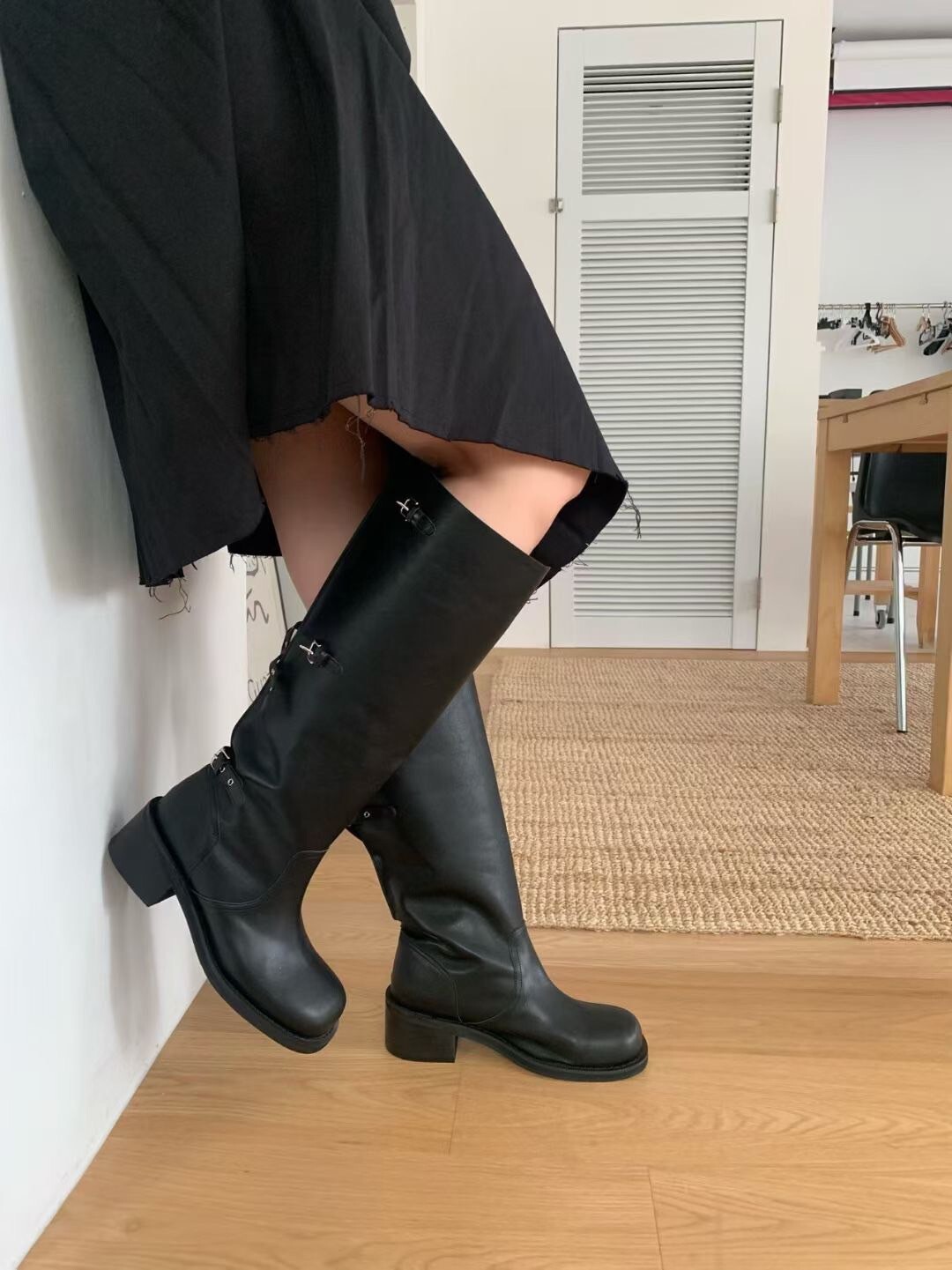 經典黑兩穿式堆堆襪造型膝下高跟長靴