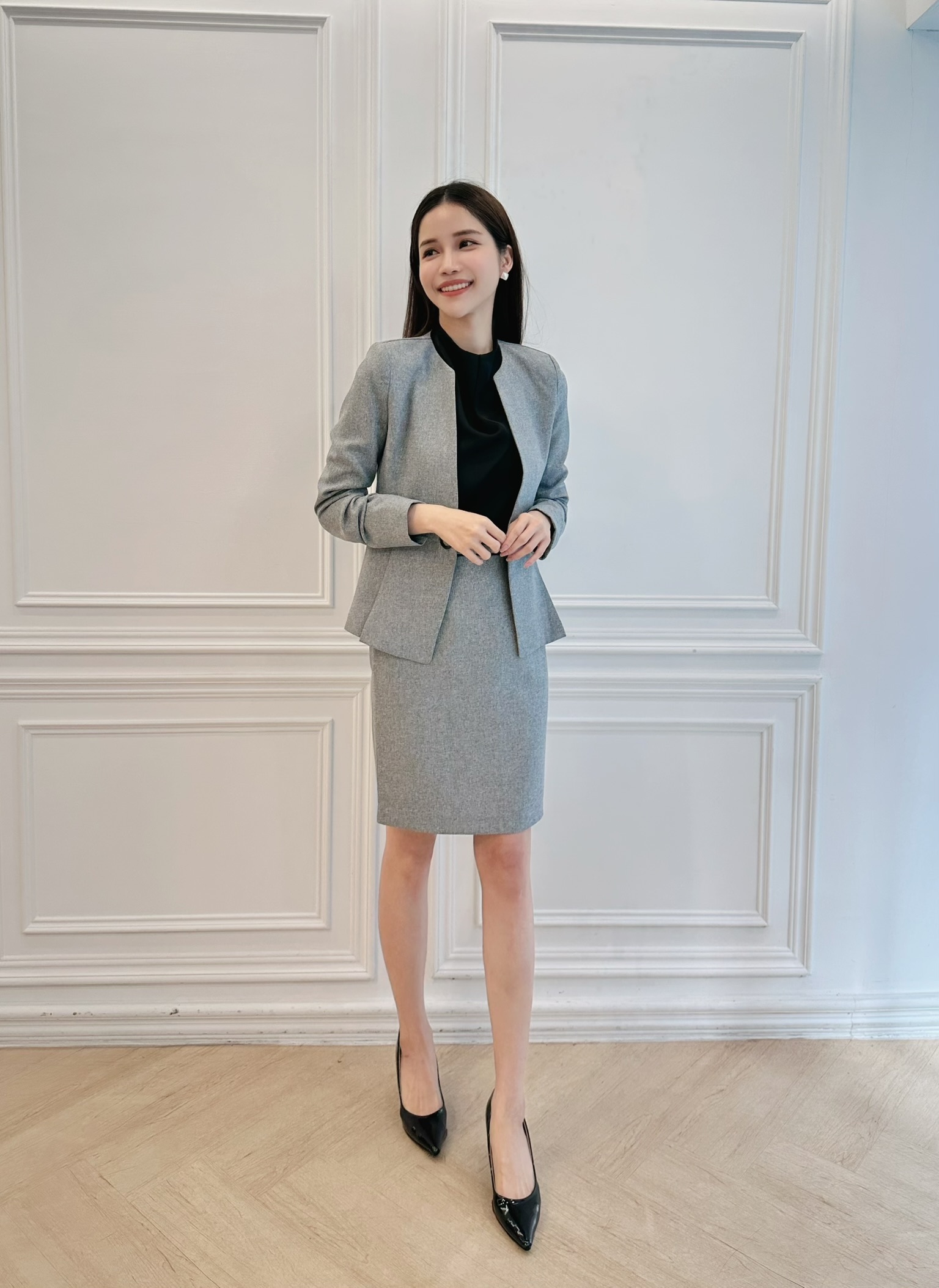 圓釦西裝外套+窄裙套裝(灰)