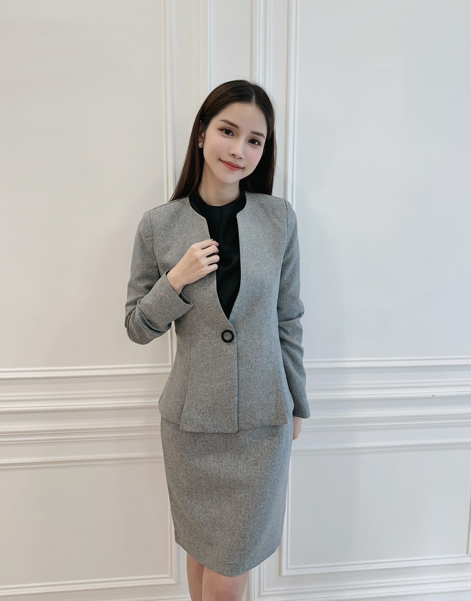 圓釦西裝外套+窄裙套裝(灰)