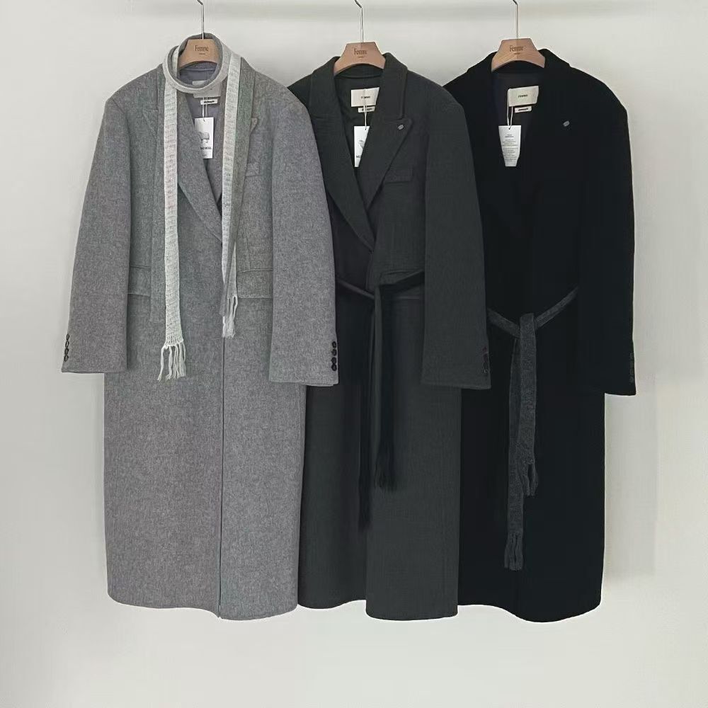 LF5217 羊毛拼色綁帶長大衣