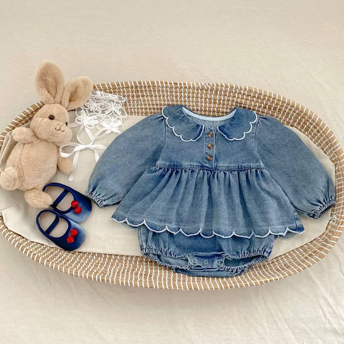 波浪花邊牛仔包屁裙