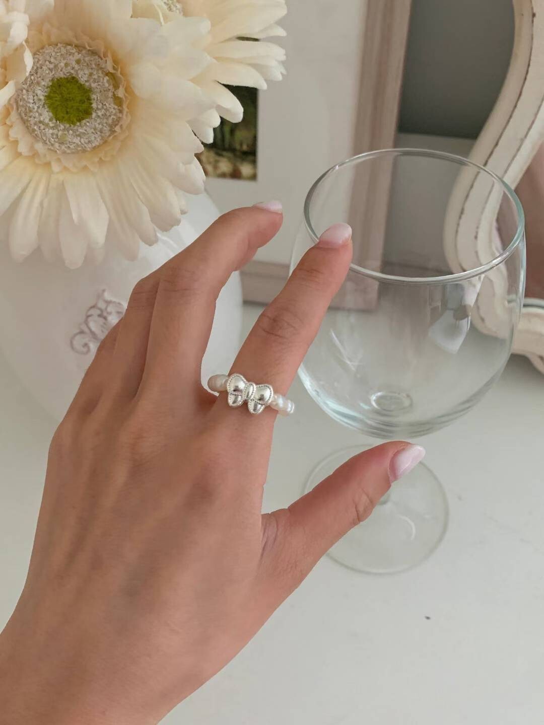 質感銀蝴蝶結造型珍珠戒指