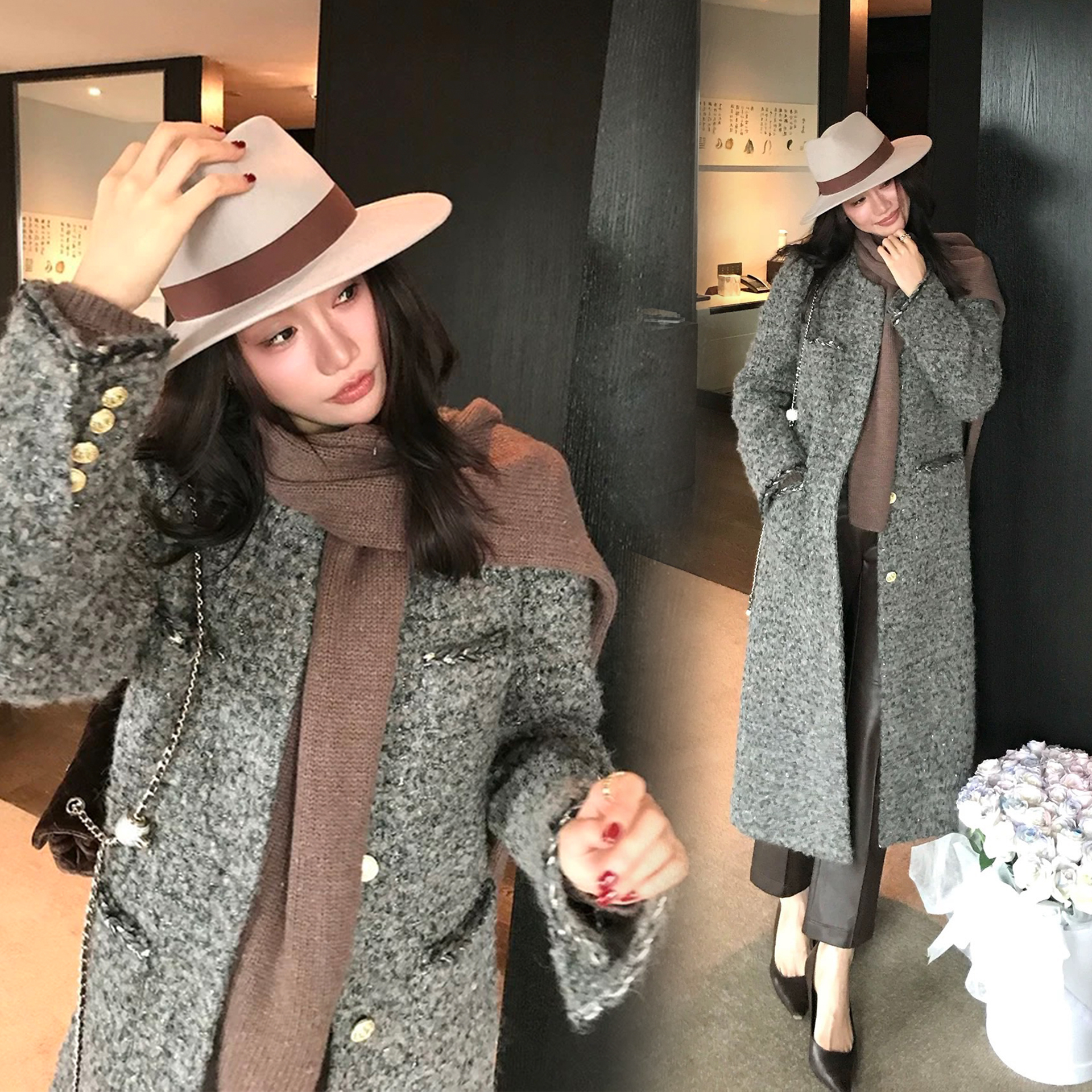 質感灰小香風軟呢排釦圓領長版大衣外套-S-L (Elegant & Love)