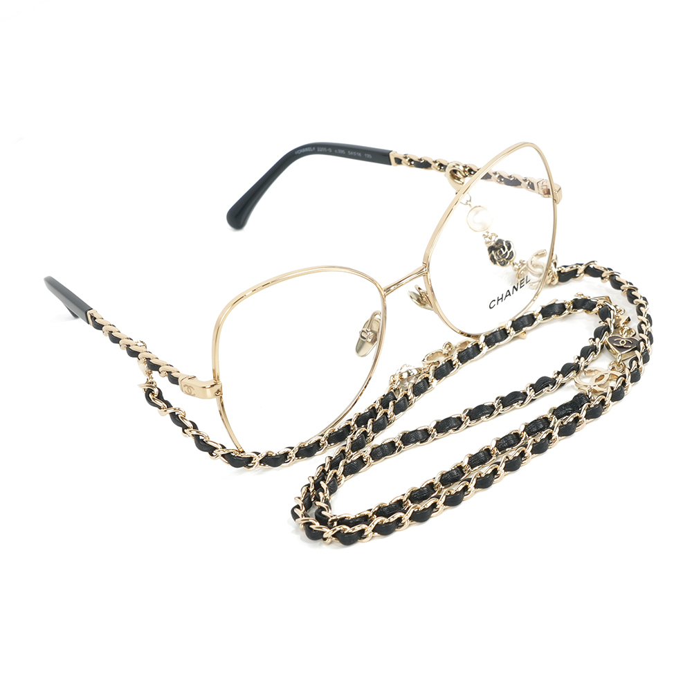 【CHANEL】附Logo 及愛心鍊帶蝴蝶框眼鏡 54mm (金色)