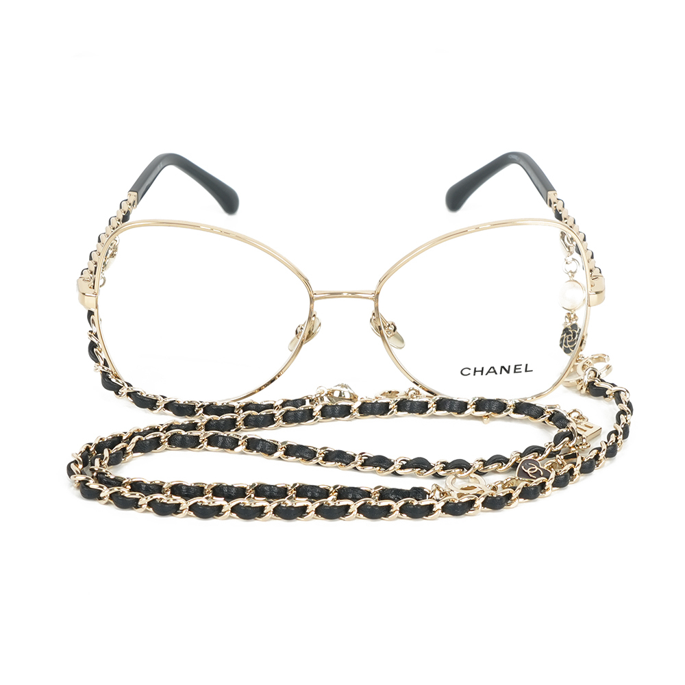 【CHANEL】附Logo 及愛心鍊帶蝴蝶框眼鏡 54mm (金色)