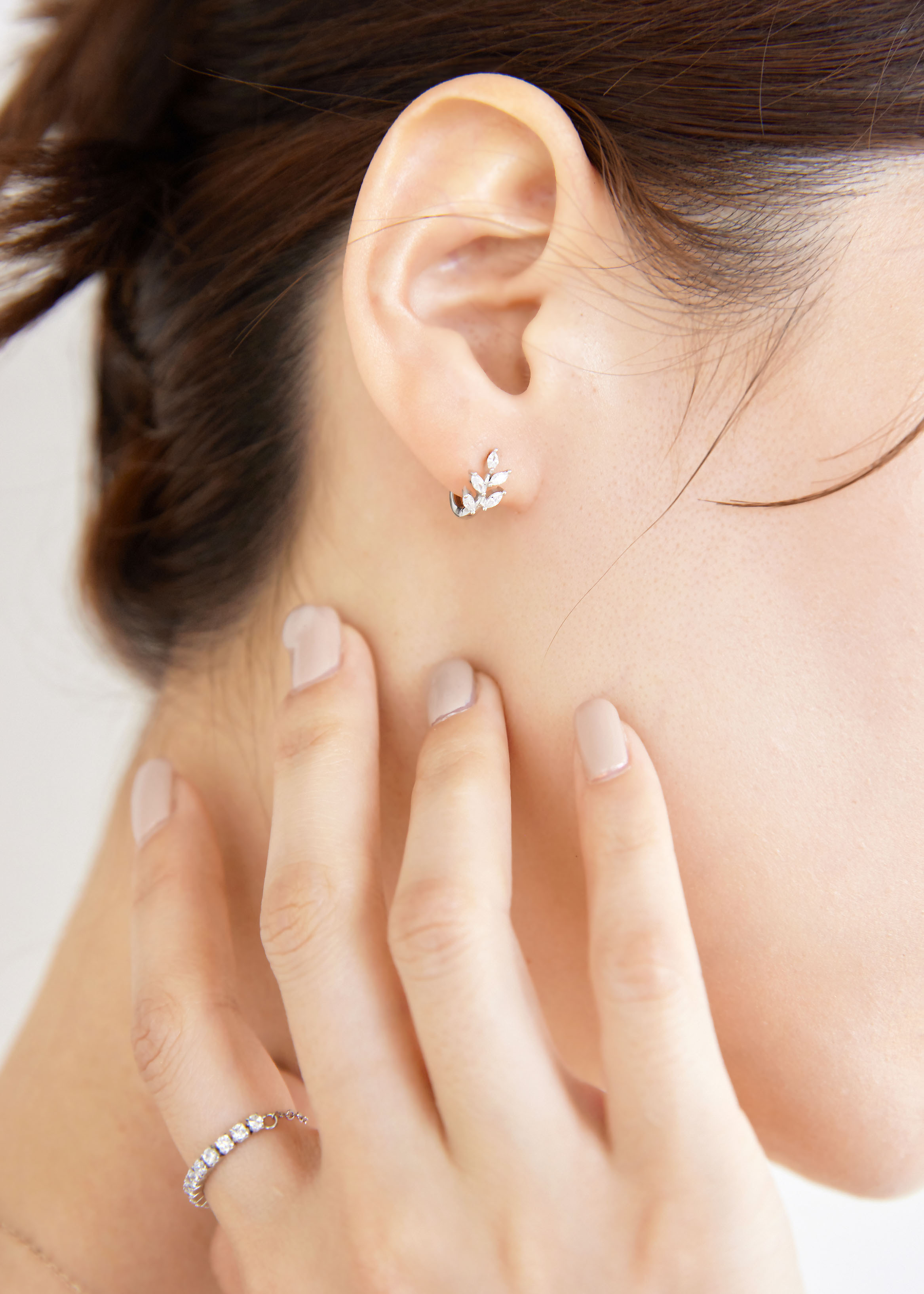 樹葉鋯石純銀耳圈