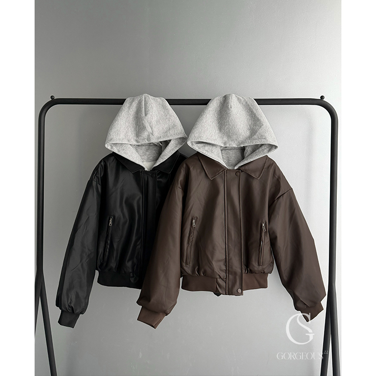 G7860 「(短版)連帽皮革兔毛毛保暖外套」